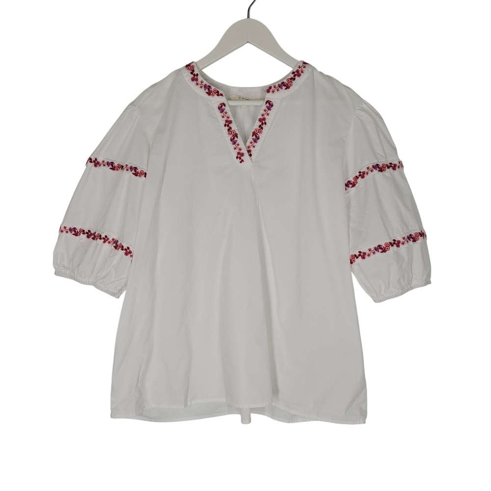 Linda Anderson Blouse Womens XXL White Floral Embroidered Puff Sleeve Cotton Top